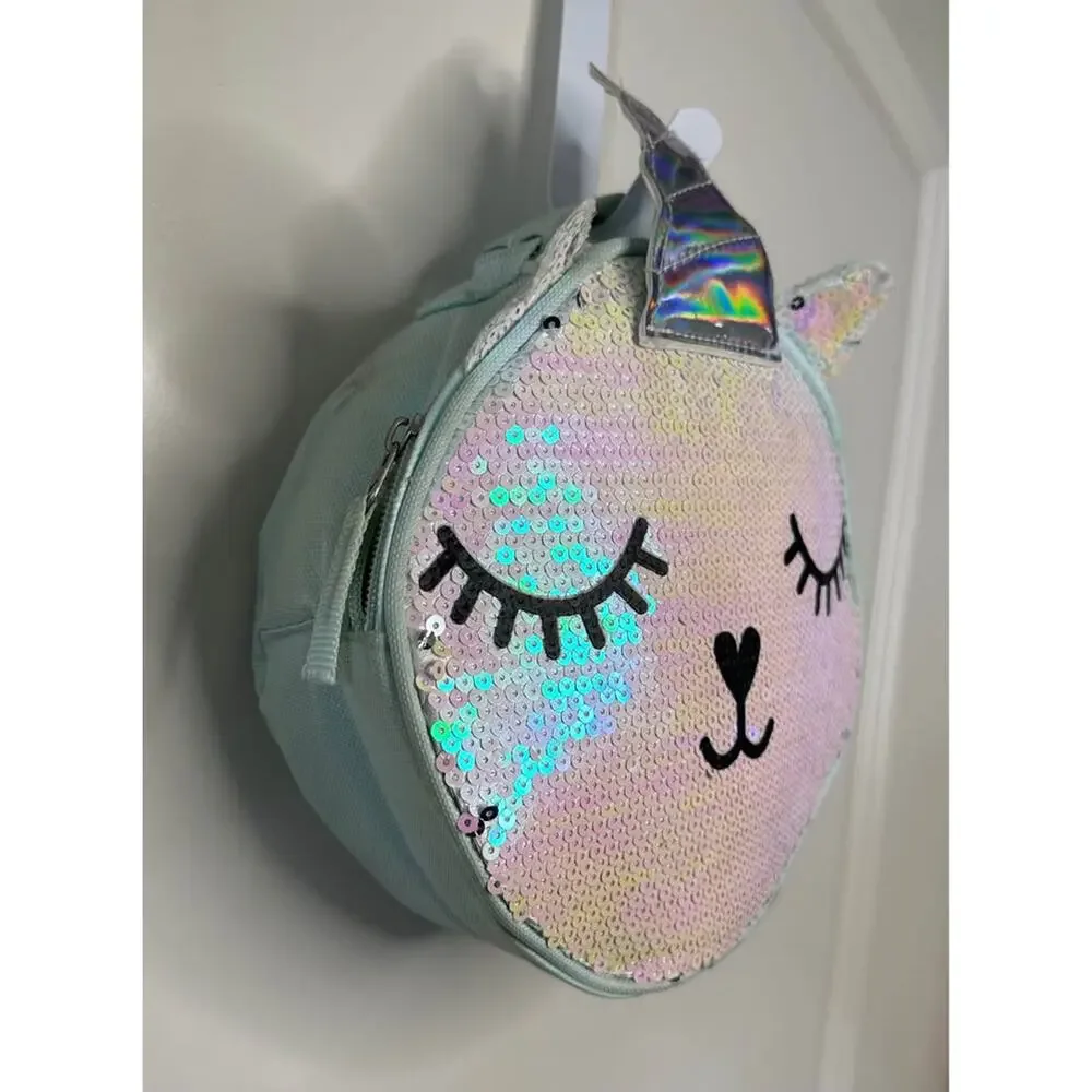 Pastel Rainbow Sequin Unicorn Round Lunch Box Mint Green Iridescent 8”